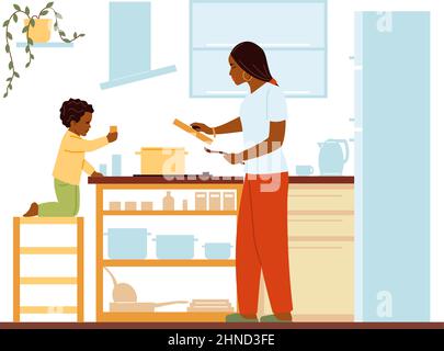 Mutter kocht Abendessen mit Sohn. Kind hilft bei der Zubereitung von Speisen Stock Vektor