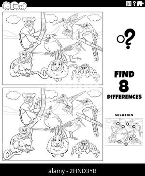 Schwarz-Weiß-Cartoon-Illustration der Suche nach den Unterschieden zwischen Bildern pädagogische Aufgabe für Kinder mit Tierfiguren Gruppe Färbung b Stock Vektor