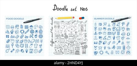 Großer Satz handgezeichneter Kaffee- und Teekritze. Ein Satz isolierter Vektor-Sommer-Accessoires für Strand-, Fast-Food-Produkte. Handgezeichnete Süßigkeiten, Desserts Stock Vektor