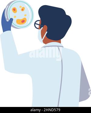 Wissenschaftler hält Petrischale. Mann im Labormantel mit Blick auf die Bakterienkolonie Stock Vektor