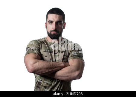 Porträt junger Soldatenarme auf weißem Hintergrund Stockfoto