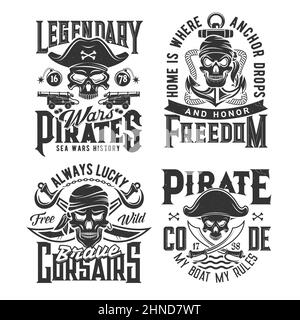 T-Shirt-Drucke mit Totenköpfen für Piraten oder Freibeuter. Custom Print Vektor-Vorlage für Bekleidung mit Filibuster- oder corsair-Schädeln in Tricorne-Hut und Bandana, crosse Stock Vektor