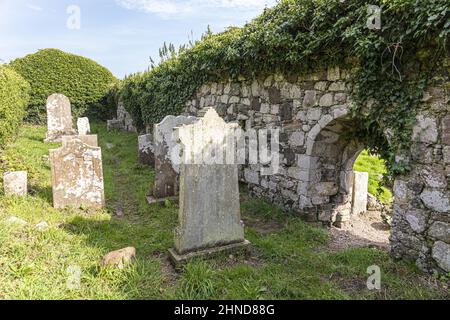 Das Innere der dachlosen, mit Efeu bedeckten Kapelle von St. Columba in Keil in der Nähe von Southend auf der Kintyre Peninsula, Argyll & Bute, Schottland, Großbritannien Stockfoto