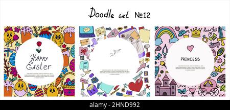 Ostern, Märchenprinzessin, Mail Doodles Sammlungen. Symbole mit Papierumschlägen, Briefen, E-Mails. Vektor-Handzeichnungen Ilustration isoliert Stock Vektor