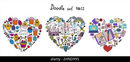 Ostern, Märchenprinzessin, Mail Doodles Sammlungen. Symbole mit Papierumschlägen, Briefen, E-Mails. Vektor-Handzeichnungen Ilustration isoliert Stock Vektor