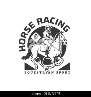 Symbol für Pferderennen, Reiten oder Hindernisrennen, Turnier-Vektor-Emblem. Polojockey auf dem Pferd für Ausritte oder Hippodrom, Premiu Stock Vektor