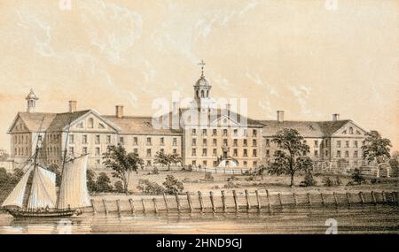 The Alms House Hospital, Bellevue, New York, Vereinigte Staaten von Amerika. Das Krankenhaus wurde 1736 eröffnet, auf dem heutigen Rathauspark. Es ist heute das älteste öffentliche Krankenhaus in den USA und eines der größten in Bezug auf Betten. Nach einem Werk von Sarony und Major aus dem Jahr 1880. Stockfoto