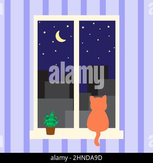 Orangefarbene Katze sitzt auf dem Fenster und blickt auf die Nachtstadt. Illustration für ein gemütliches Zuhause. Haustier wartet auf seinen Besitzer. Niedliche Illustration in Cartoon flachen Stil Stock Vektor