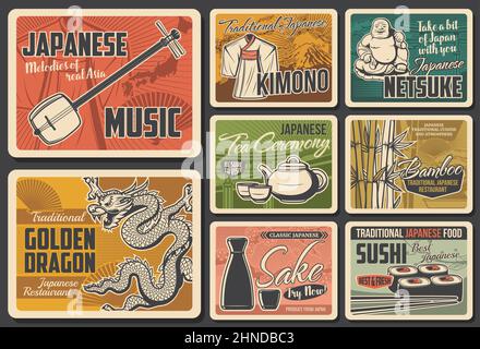 Reisen Sie nach Japan mit Retro-Postern, japanischer Kultur und Tradition. Berühmte asiatische Wahrzeichen, Sehenswürdigkeiten und Attraktionen, Musikinstrumente, Restaurant Stock Vektor