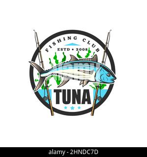 Thunfisch mit Ruten, Angelikone für Fischfang oder Vektor-Emblem für den Fischerverein. Angelsport oder Fischerangeln Club Abzeichen mit Meer oder Ozean Thunfisch Fisch a Stock Vektor