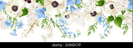 Horizontaler nahtloser Rand mit hängenden Blumen (weiße Mohnblumen und Maiglöckchen-Blüten und blaue Harebell-Blüten). Vektorgrafik Stock Vektor