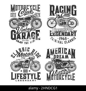 T-Shirt-Prints mit Retro-Bikes für den Rennclub, Vektordesign für Sportmannschaftskleidung. T-Shirt-Print mit Vintage-Motorrad und Typografie. Isol Stock Vektor