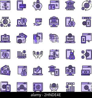 Symbole für das Internet-Banking legen einen Umrissvektor fest. Geldbank. Mobiler Markt Stock Vektor