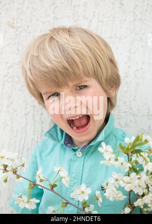 Porträt eines gefühlswütenden schreienden Jungen im Alter von 5 Jahren. Starker Groll, Uneinigkeit, Verzweiflung, Angst, Wut, Enttäuschung, lautes Schreien eines Preschos Stockfoto