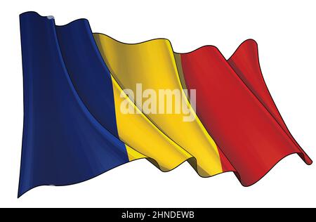 Vektordarstellung einer winkenden Flagge des Tschad. Alle Elemente übersichtlich auf klar definierten Ebenen und Gruppen. Stock Vektor