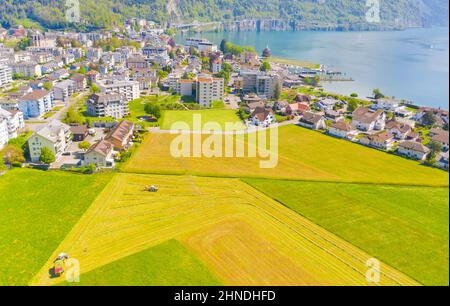 Die kleinen Städte Europas. Schweiz. Das Dorf Brunnen. Kanton Schwyz. Die Gipfel der Alpen im Schnee. Luftaufnahme. Aufnahmen aus einer d Stockfoto