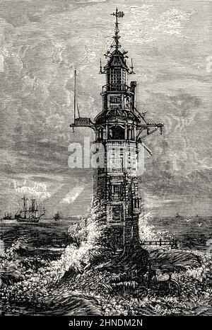 Der erste Leuchtturm auf Eddystone Rocks, erbaut von Henry Winstanley, 1696, Rame Head, Plymouth, England Stockfoto