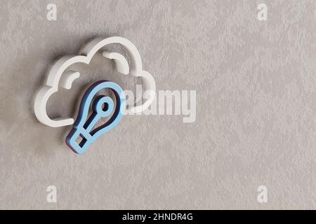 Schöne Wolke Idee Glühbirne Symbol an der Wand hellen Hintergrund. 3D Rendering-Illustration. Hintergrundmuster für Design. Web-Hosting. Stockfoto