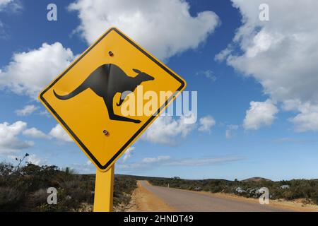 Straßenschild mit Warnung vor Kängurus im Cape Le Grand National Park, in der Nähe von Esperance, WA., Australien Stockfoto