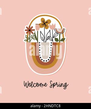 Willkommen Im Frühling! - Bunte Pastell Ostern Regenbogen Grußkarte. Boho-Elemente mit Hase, Korb, Kaninchen, Blumen und Schmetterling. Stock Vektor