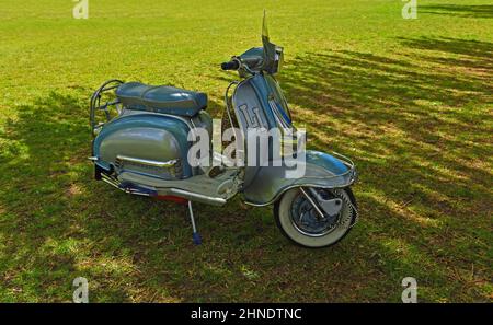 Blauer Lambretta Motorroller unter Bäumen geparkt Stockfoto