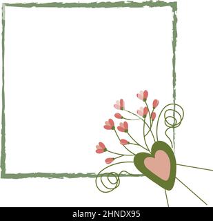 Frühlingskomposition aus Blumenzweigen und einem Rahmen mit Herzform im Cartoon-Stil. Vorlage für Grußkarte, Flyer oder Broschüre. Copyspace. Handgezeichnet. Stock Vektor