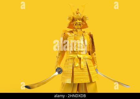 Japanischer Samurai-Krieger in voller Rüstung mit Helm, Maske und Katana. 3D Rendering Stockfoto