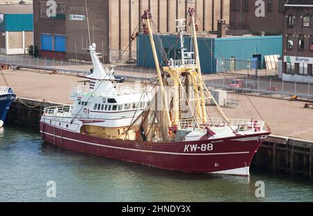 Fischerboot KW-88 Pelikaan vor Anker im Hafen von Ijmuiden, Niederlande, Europa. Stockfoto