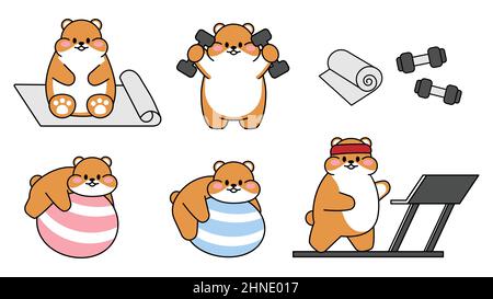 Set von niedlichen gezeichneten Hamstern. Kawaii Hamster geht in Sport. Sammlung von Avataren Maskottchen lustigen Charakter Tier Aufkleber auf weiß isoliert Stock Vektor