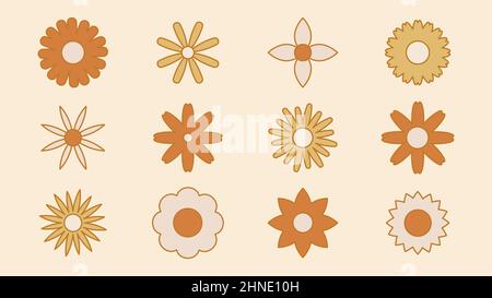 Kollektion von einfachen blühenden Blumen im 1970s psychedelischen Hippie Stil. Set von Grafik-Stickern im Retro-Design. Grooviger Hintergrund. Editierbarer Strich Stock Vektor