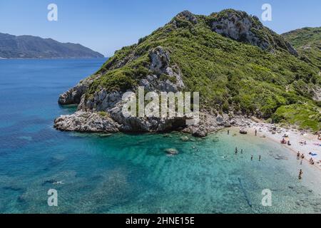 Porto Timoni Strand in der Nähe von Afionas Dorf auf der griechischen Insel Korfu Stockfoto