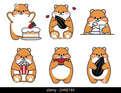 Set von niedlichen gezeichneten Hamstern. Kawaii-Hamster frisst einen Samen. Sammlung von Avataren Maskottchen lustigen Charakter Tier Aufkleber auf weißem Hintergrund isoliert Stock Vektor