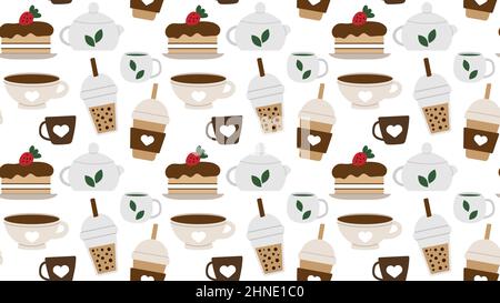 Nahtlos wiederholtes Muster mit Getränken und Desserts für das Café-Menü. Drucken Sie für ein Geschäft mit Tee und Kaffee und einem heißen Getränk. Vektorgrafik. Stock Vektor