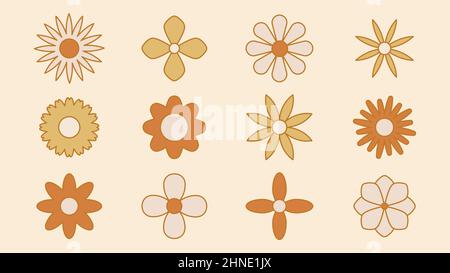 Kollektion von einfachen blühenden Blumen im 1970s psychedelischen Hippie Stil. Set von Grafik-Stickern im Retro-Design. Grooviger Hintergrund. Editierbarer Strich Stock Vektor
