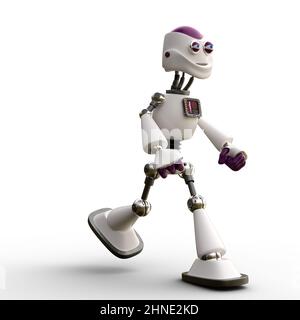 3D-Illustration eines niedlichen und lustigen Walking Cartoon-Roboter. Isolierte Rendering-Objekt Stockfoto