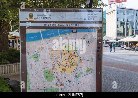 Karte der Altstadt von Plovdiv, der Hauptstadt der Provinz Plovdiv im südlichen Zentrum Bulgariens Stockfoto