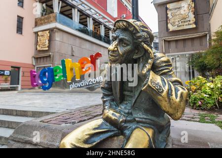 Statue von Milyo dem Verrückten auf Knyaz Alexander I. in Plovdiv, der Hauptstadt der Provinz Plovdiv im südlichen Zentrum Bulgariens Stockfoto