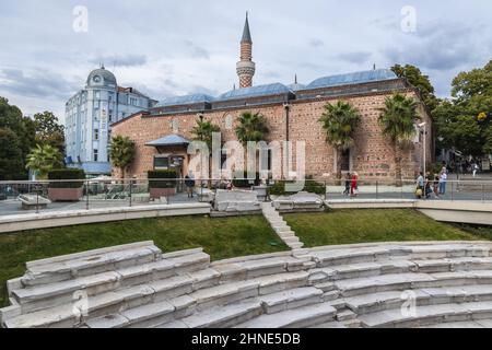 Dzhumaya Moschee auch bekannt als Cuma Camii nad Ruinen des alten Stadions in Plovdiv Stadt, Hauptstadt der Provinz Plovdiv in Süd-Zentral-Bulgarien Stockfoto