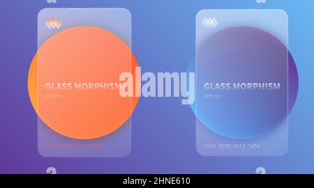 Glas-Morphismus-Effekt. Transparente mattierte Acrylkarten auf orangefarbenen und blauen Gradientenkreisen realistische Glasmorphismus matte Plexiglas rechteckige Formen Stock Vektor