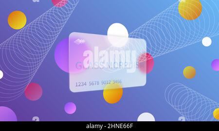 Glas-Morphismus-Effekt. Durchsichtige, mattierte Acrylkarte. Farbverlauf Kreise auf blauem Hintergrund. Realistisches Rechteck aus mattem Plexiglas mit Glasmorphismus Stock Vektor