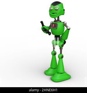 3D-Illustration eines niedlichen und lustigen Cartoon-Roboter erklärt etwas. Isolierte Rendering-Objekt Stockfoto