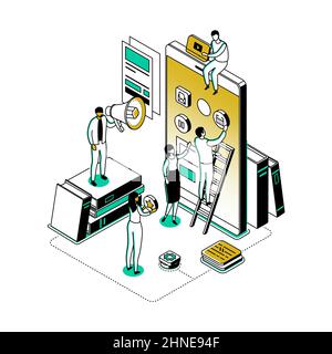 Mobile App Entwicklung - moderne Linienisometrie Design Stil Illustration. Bild mit Charakteren, Entwickler entwerfen Smartphone-Schnittstelle, Platzierung b Stock Vektor