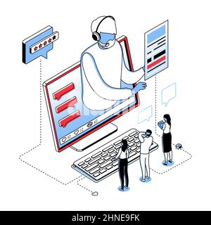 Blogging - moderne Linie Isometrie Design-Stil Illustration auf weißem Hintergrund. Bild mit männlichen, weiblichen Charakteren, die Livestream auf Computern sehen Stock Vektor