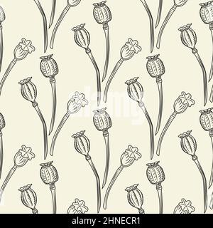 Poppy Blume Nahtloses Muster. Mohnblumen Tapete. Gravur im Vintage-Stil. Vektorgrafik Stock Vektor