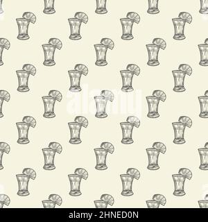 Tequila Schuss und schneiden Lime nahtlose Muster. Full Shot Glas Alkohol Tapete. Vintage-Gravur. Vektorgrafik Stock Vektor