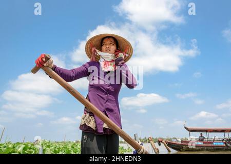 Vietnamesin mit einem traditionellen hölzernen Ruderboot (Sampan) auf dem Mekong-Fluss, Mekong-Delta, Vinh Long Provinz, Südvietnam Stockfoto