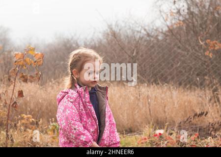 Kleine schöne niedliche traurige Mädchen in einer Jacke mit blonden Haaren in Zöpfen steht auf einem Herbst Hintergrund Stockfoto