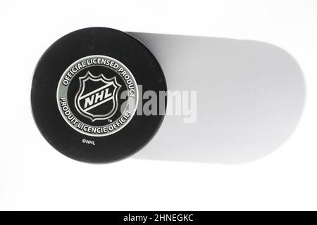 Offizielles Spiel Puck aus NHL, National Hockey League, USA. Stockfoto