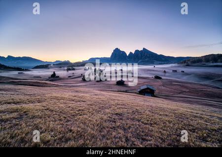Nebel über den Weiden der Seiser Alm mit Holzhütten, den Langkofel (links) und Plattkofel (rechts) in der Ferne, im Herbst vor Sonnenaufgang. Stockfoto