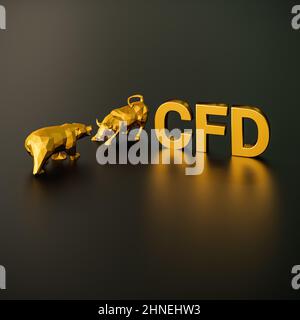 Contracts for Difference CFD Concept. Ein Bulle und Bär neben dem goldenen Text CFD. Stockfoto